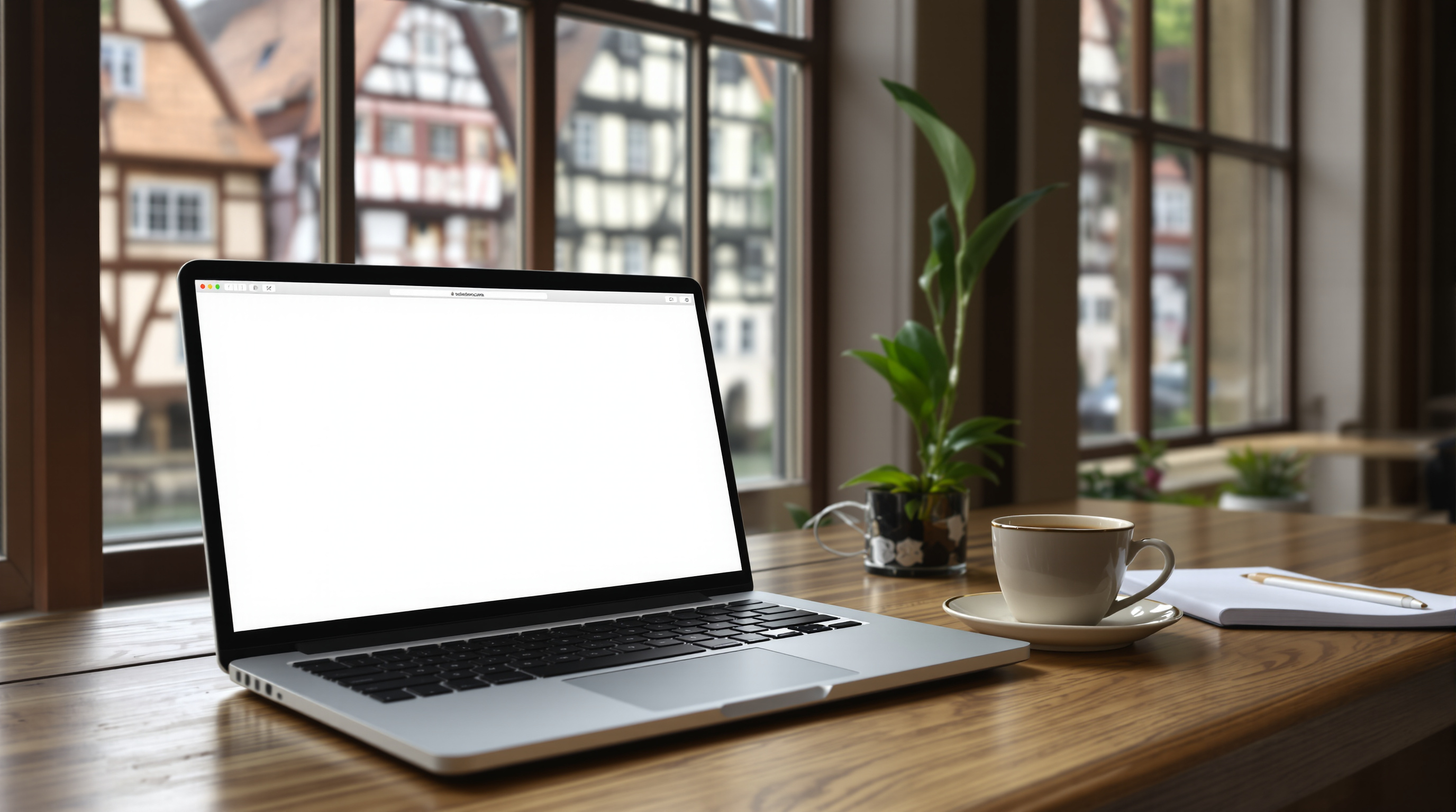 Laptop mit Website-Entwurf auf einem Schreibtisch, im Fenster Fachwerkhäuser einer Altstadt
